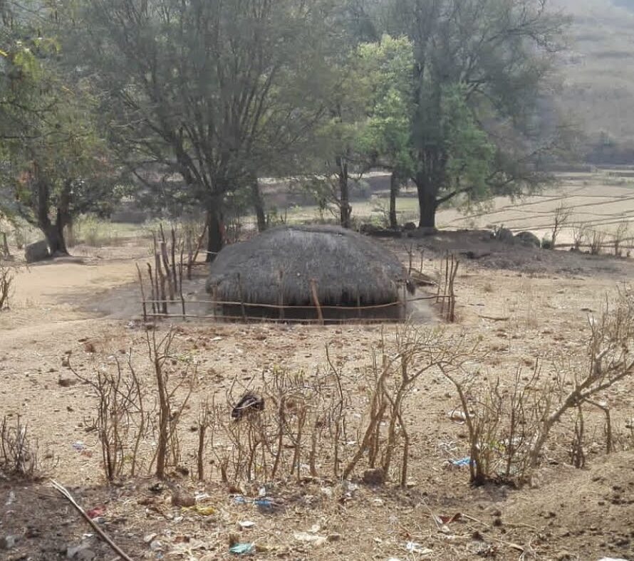 A remote tribal village before — thatched hut, dry earth, no school within reach