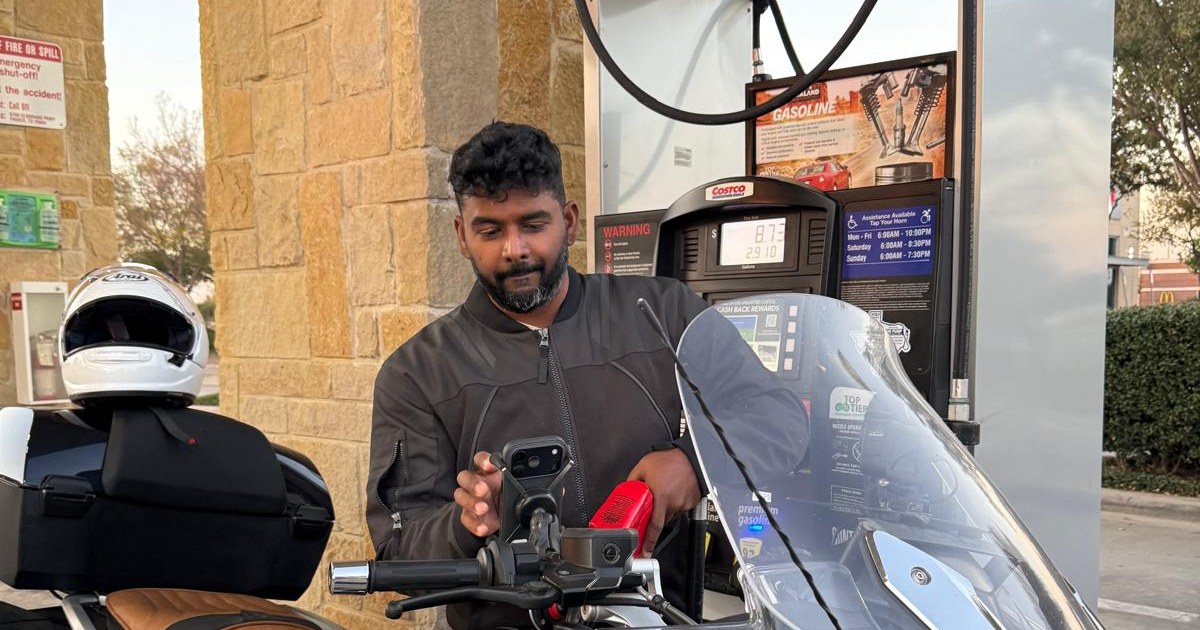 Josh Komanapalli with his loaded motorcycle before the 7,126-mile Miles for Mercy ride for leprosy care in India